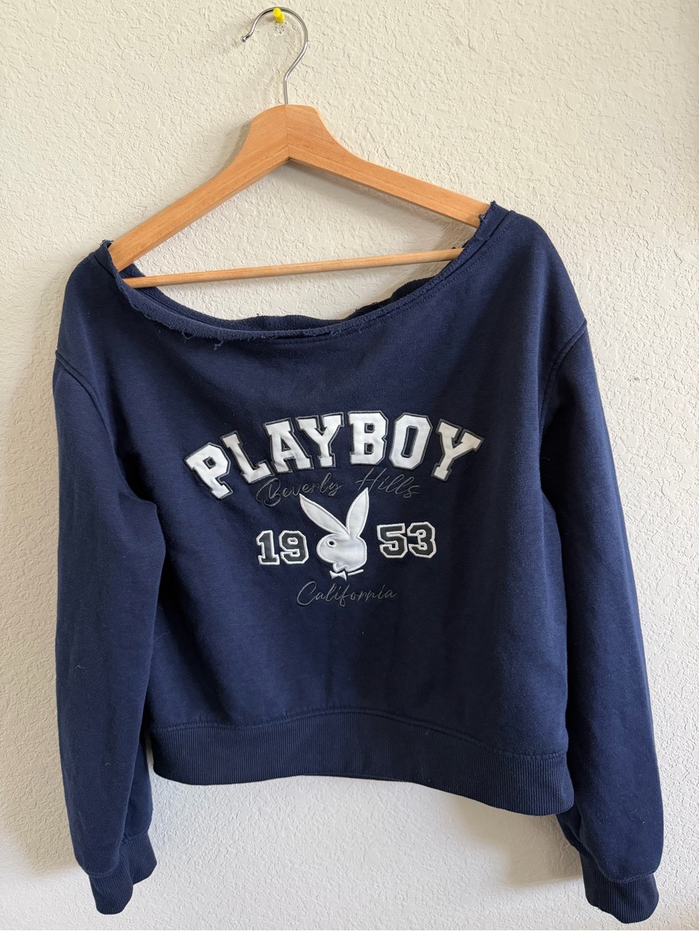 PLAYBOY Navy Off-the-Shoulder Logo Sweatshirt